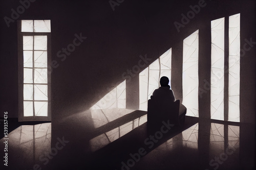 If dreams come true, can nightmares too. Shot of a young man sitting in the corner of a dark room with a scary figure on the wall.. High quality Illustration