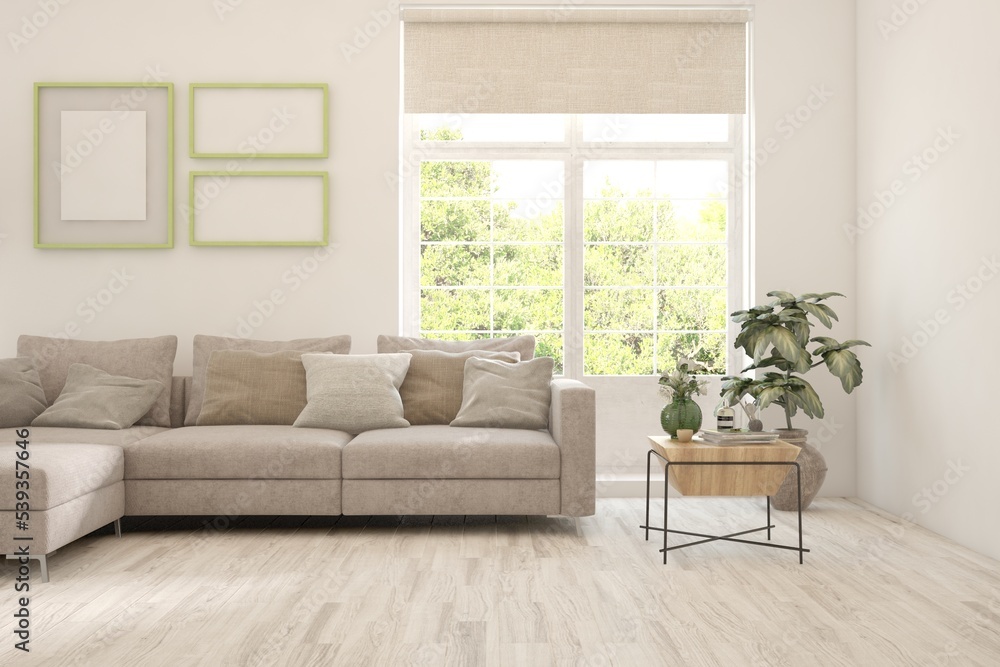 Fototapeta premium Minimalist living room in white color with sofa and summer landscape in window. Scandinavian interior design. 3D illustration