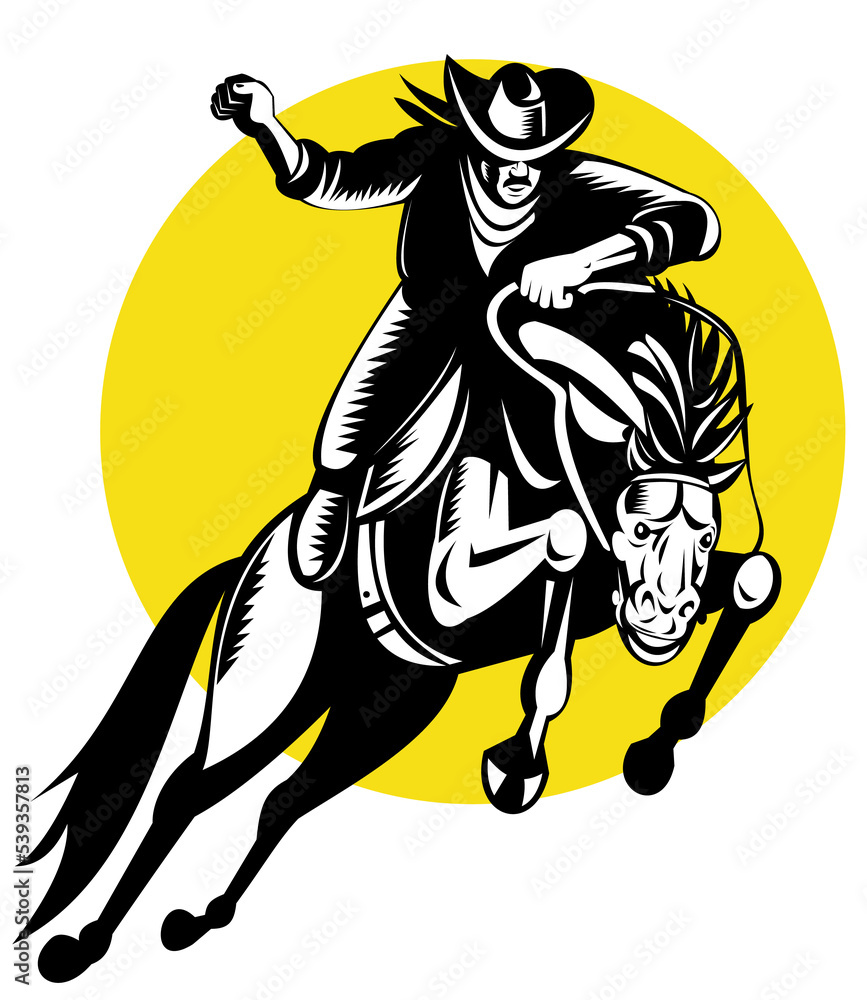 rodeo cowboy riding a bucking bronco
