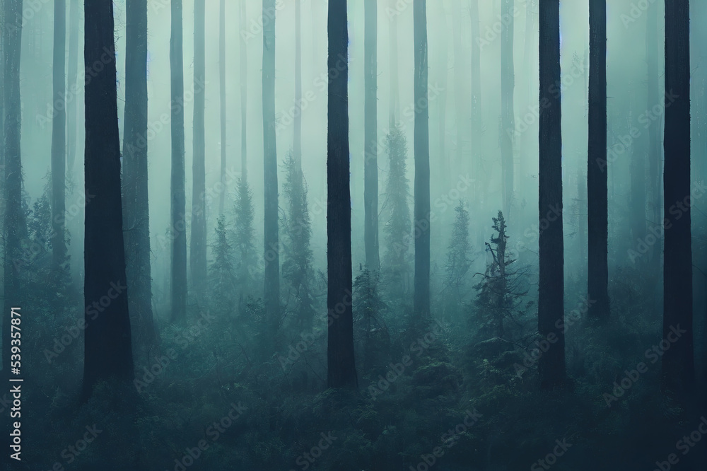 Obraz premium Dark forest with mist during the rainy day