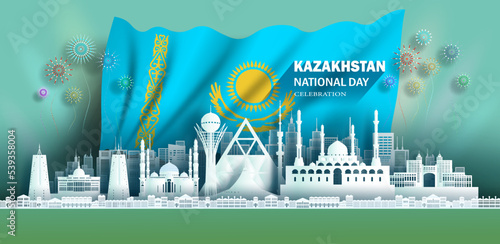 Anniversary celebration independence Kazakhstan day and travel landmarks Astana city with flag background, Tour Kazakhstan landmark with panorama view popular capital in origami paper cut. photo