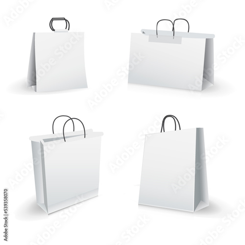 Mockup set of Realistic Shopping Bag for branding and corporate identity design. Paper package template isolated on white background. 3D realistic vector illustration.