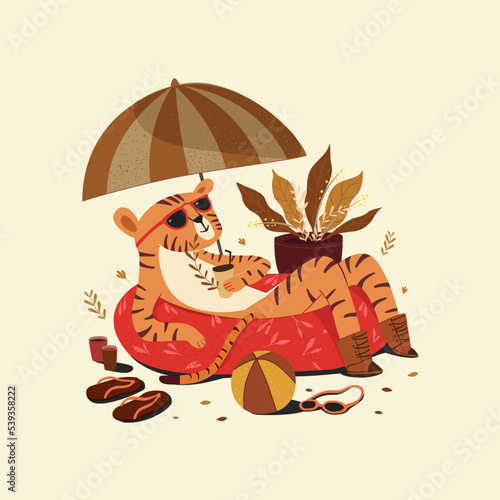 Cute Tiger floating in inflatable ring in the swimming pool, drinking cocktail, enjoying summer time, vacation, holidays