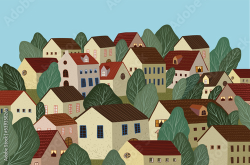 Natural landscape with village scene illustration