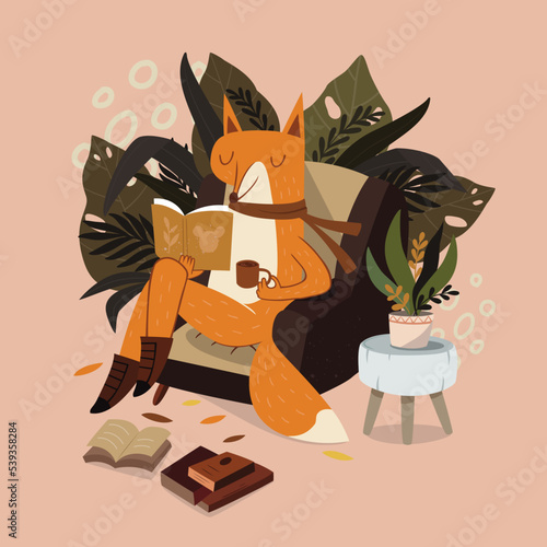Cute fox reading a book with a coffee