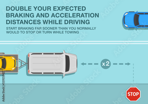 Safe driving tips and traffic regulation rules. Open car hauler trailer with vehicle on it. Double your expected braking and acceleration distances while towing. Top view. Flat vector illustration.