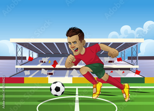 Running Dribbling of Football Player in The Stadium