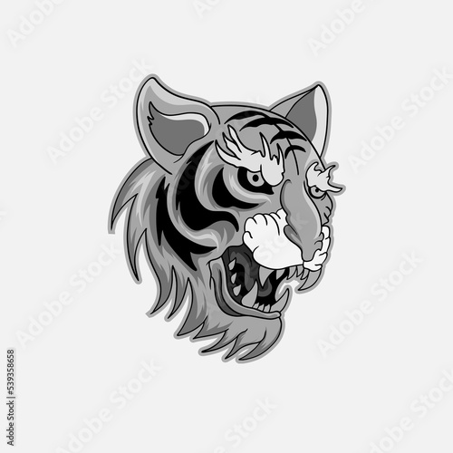 Black and white tiger japan style tattoo print design for t-shirt. . Vector illustration for coloring book, t-shirts, tattoo art, boho design, posters, textiles. Isolated vector illustration
