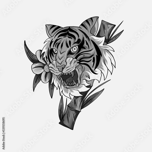 Black and white tiger japan style tattoo print design for t-shirt. . Vector illustration for coloring book, t-shirts, tattoo art, boho design, posters, textiles. Isolated vector illustration