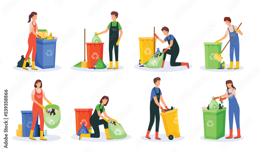 Vector set of men and women clean up garbage