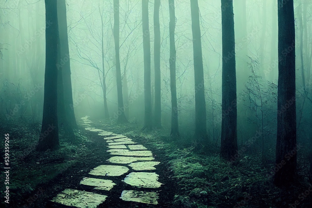Fototapeta premium Mysterious, blue toned forest pathway. Footpath in the dark, foggy, autumnal, cold forest among high trees.