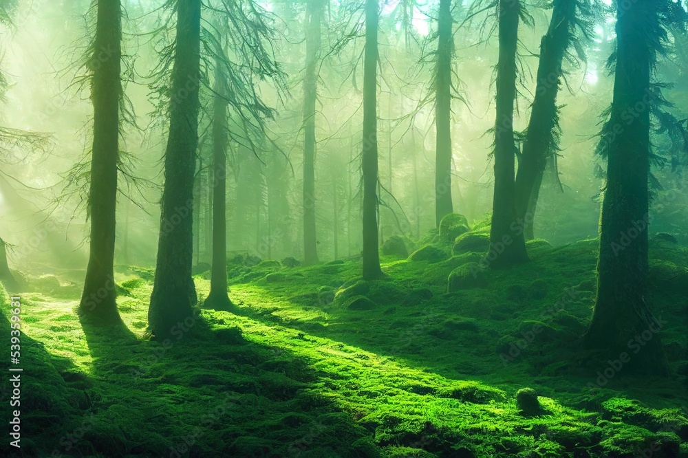Majestic evergreen forest at sunrise. Mighty pine trees, moss, green plants. Morning fog, pure sunlight, sunbeams. Dark atmospheric landscape. Nature, seasons, summer. Fairytale, fantasy concepts