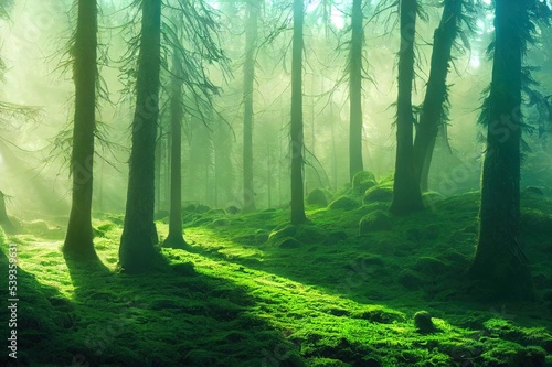 Majestic evergreen forest at sunrise. Mighty pine trees, moss, green plants. Morning fog, pure sunlight, sunbeams. Dark atmospheric landscape. Nature, seasons, summer. Fairytale, fantasy concepts © 2rogan
