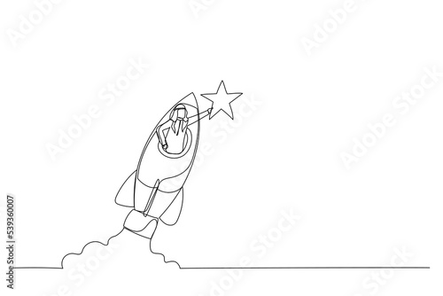 Cartoon of arab businessman riding fast rocket to catch golden star. Metaphor for Innovation. Single continuous line art style