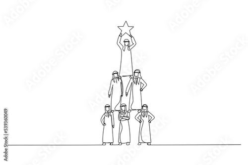 Illustration of teamwork arab businessman pyramid to reach star. Continuous line art
