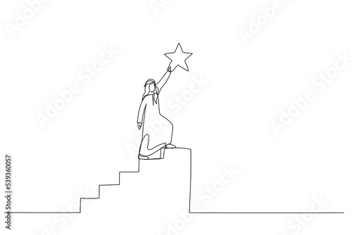 Drawing of arab businessman climb up stair to the top to reaching to grab precious star reward. Concept of accomplishment. One line style art