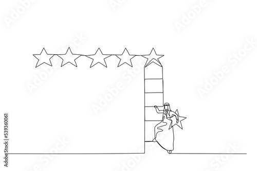 Cartoon of arab businessman holding 5th star climb up ladder to put on best rating. Concept of customer feedback. Single continuous line art