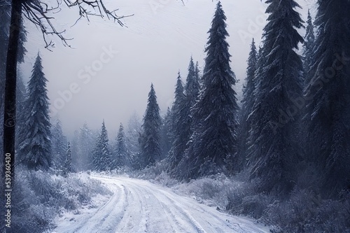 Snowy winter road in a mountain forest. Beautiful winter landscape. © 2rogan
