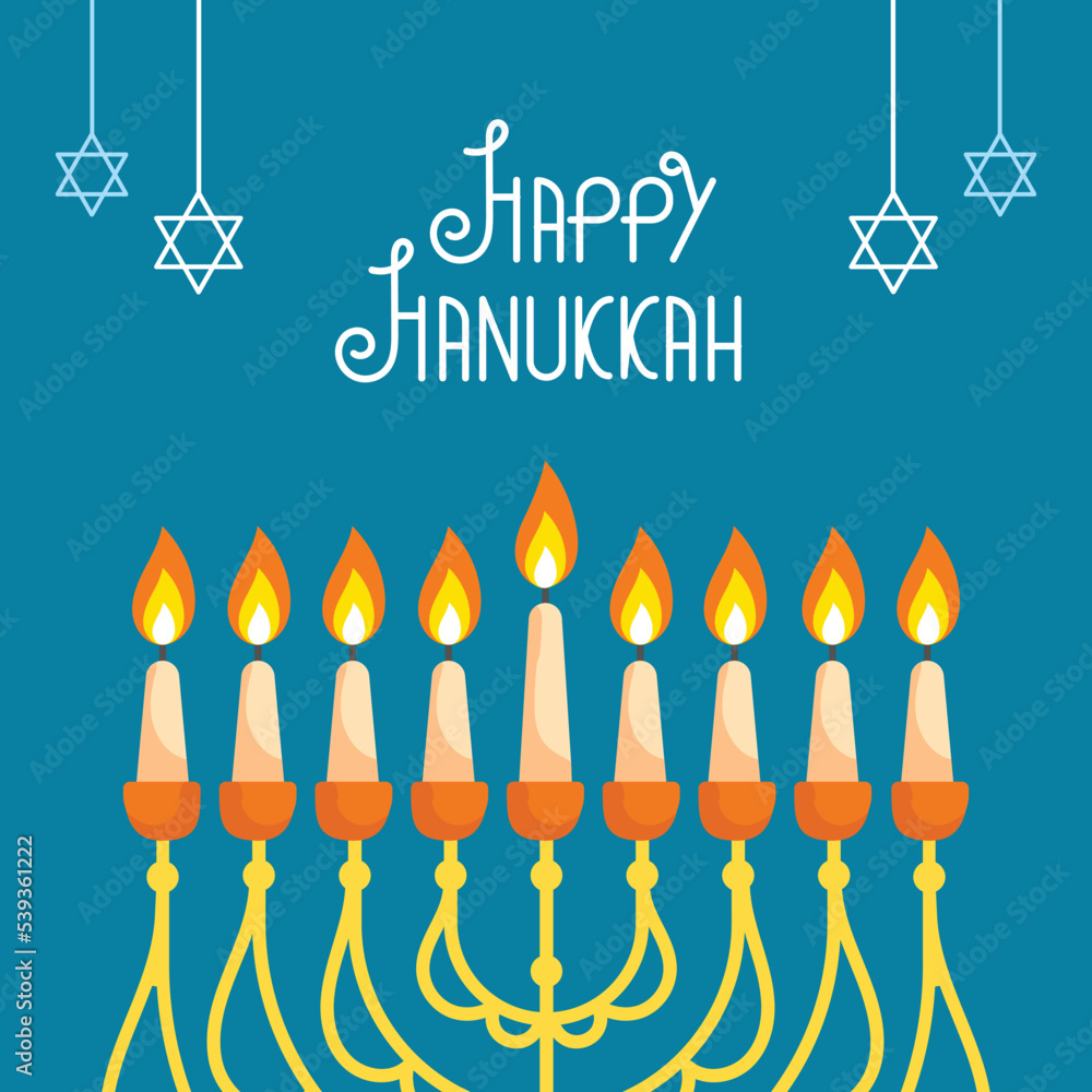 Happy Hanukkah Celebration Concept With Illuminated Candelabra, Hanging Star Of David Decorated On Blue Background.