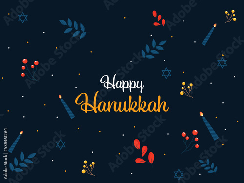Happy Hanukkah Lettering With Lit Candles, Berries, Leaves, Stars Of David Decorated On Blue Background.