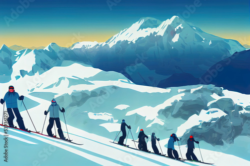 Winter mountain landscape with many different skiers. Happy man, woman with kids ride skis in Alps. Blue sky, tops of rocks on background. Winter sport activities. Skiing resort. 2d illustrated