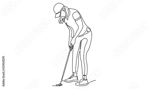 Continuous line of young sporty golf player hit the ball