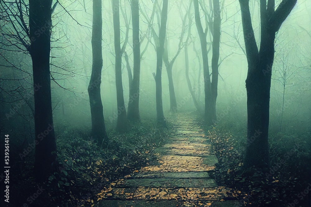Naklejka premium Mysterious pathway. Footpath in the dark, foggy, autumnal, mysterious forest.. High quality Illustration