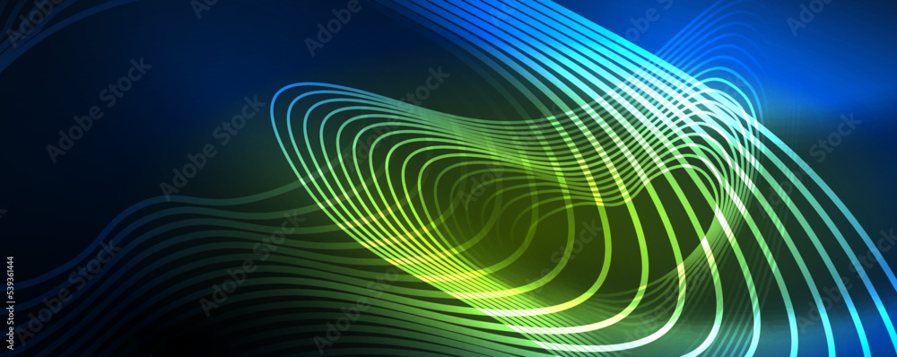 Shiny neon waves, dynamic electric motion, energy or speed concept. Vector illustration for wallpaper, banner, background, leaflet, catalog, cover, flyer Shiny neon waves, dynamic electric motion, energy or speed concept. Vector illustration for wallpaper, banner, background, leaflet, catalog, cover, flyer
