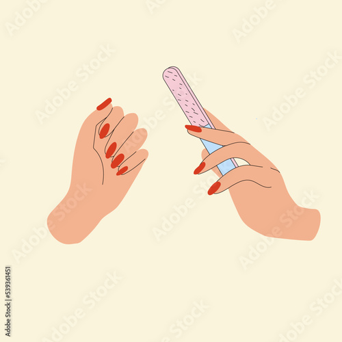 Female manicured hands. Polishing nails. Nail file. Spa treatment beauty concept. Hand drawn colored trendy vector illustration. All elements are isolated