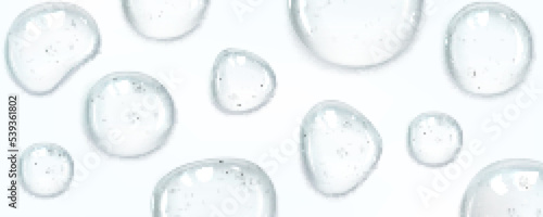 Liquid drops, serum, gel or collagen texture. Beauty product, moisture, skincare transparent bubbles top view, scatter splashes. Skin care cosmetic hydration spots, Realistic 3d vector Illustration