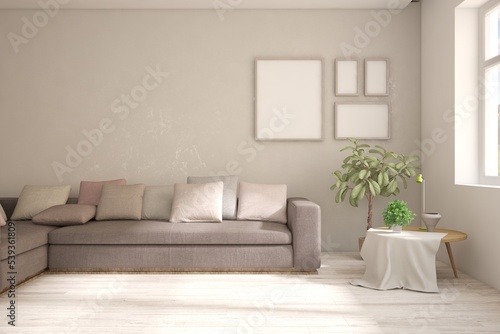 Modern living room with sofa. Scandinavian interior design. 3D illustration