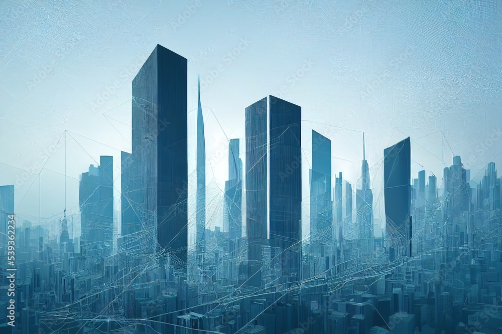 Abstract 3d city rendering with lines and digital elements. Digital skyscrappers with wire texture. Technology and connection concept. Perspective architecture background with wireframe skyscrapers.