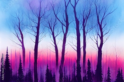 Watercolour painting. Dark Forest. Tree silhouettes and cloudy sky in purple  blue and pink colours.