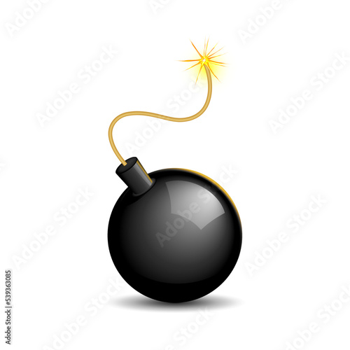 Black round bomb with burning fuse isolated on white background. Vector illustration