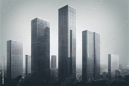 Modern high rise buildings Isolated on white background  with clipping path. Black   White style.