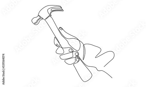 Continuous line of man hand holding hammer
