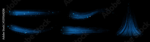 Fresh or frosty air flow set isolated on black background. Realistic vector illustration of abstract neon blue waves with sparkles. Cold wind blowing in winter. Magic power, light speed effect design