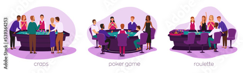 People play roulette, craps game and poker game vector set. Casino, gaming house flat illustration. Happy people characters. Casino interior decor. Gambling industry. For design casino web sites.