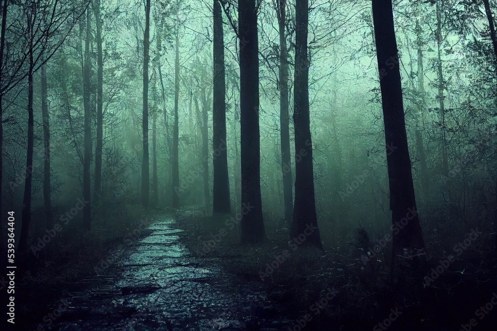 Fototapeta premium Footpath in the dark, foggy, mysterious forest. Full moon on the sky with reflection in the puddle on trail at spruce mystery night forest. Halloween backdrop.