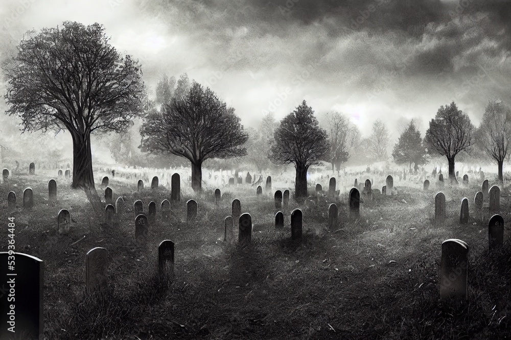 Creepy Halloween Graveyard Headstones Coffins Trees Fences Zombies silhouettes. High quality Illustration