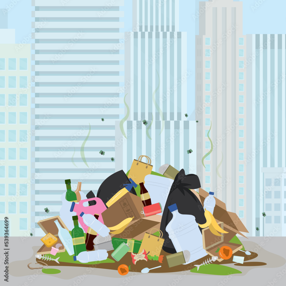 Big smelly pile of garbage, urban view on background. Bad smell trash