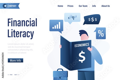 Financial literacy, landing page template. Young man or businessman reading financial manual. Textbook for trader beginner. Handbook of knowledge in money management. Business education.