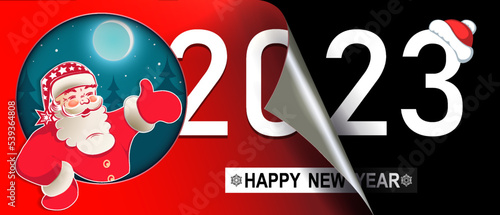 Christmas composition happy new year 2023, silhouette of Santa Claus, hand indicates the direction