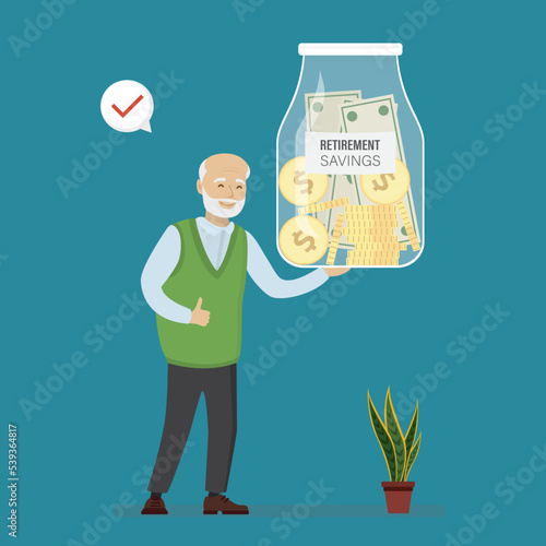 Happy grandfather holds a glass jar with retirement savings. Pension fund, bank deposit. Passive income secure. Elderly man with money for a decent old age.