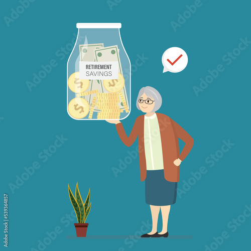Happy grandmother holds a glass jar with retirement savings. Pension fund, bank deposit. Passive income secure. Elderly woman with money for decent old age. Financial independence.