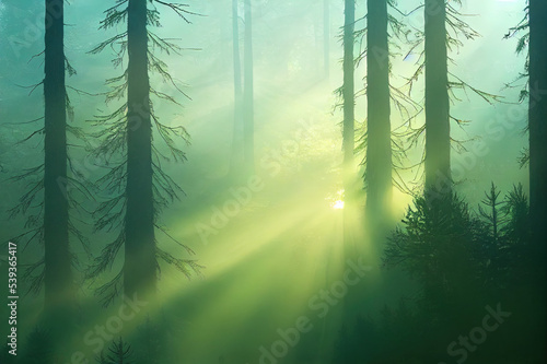 Majestic evergreen forest at sunrise. Mighty pine trees  moss  green plants. Morning fog  pure sunlight  sunbeams.