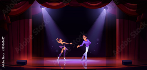 Ballet dancers couple dance on theater stage with red curtains and spotlights. Ballerina in tutu performs with man on scene in light beams, vector cartoon illustration