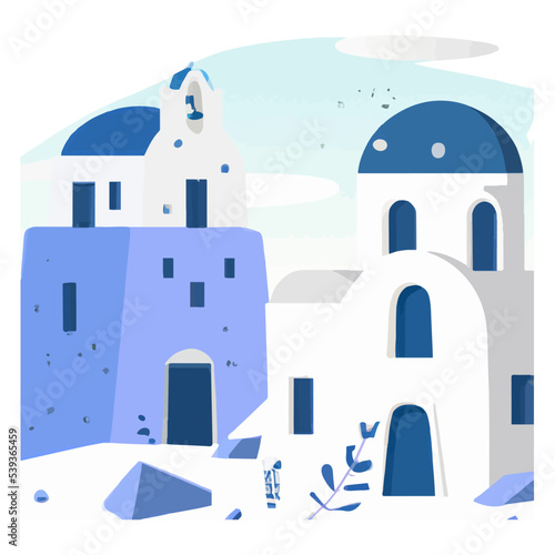 Santorini island  Greece. Beautiful traditional white architecture and traditional houses and churches with Blue domes over the Aegean caldera. Vector flat illustration.
