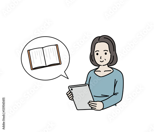 タブレットで電子書籍を読む中年の女性のイラスト