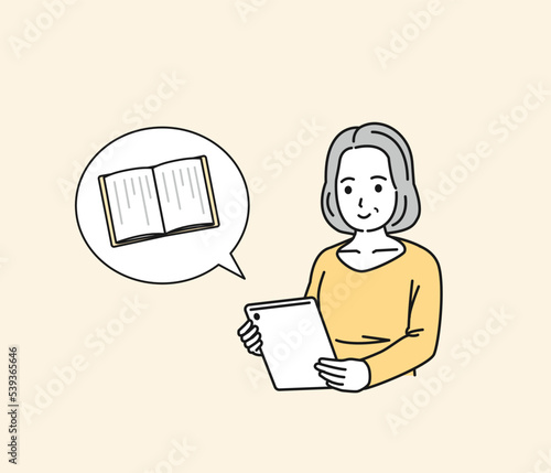 タブレットで電子書籍を読む中年の女性のイラスト